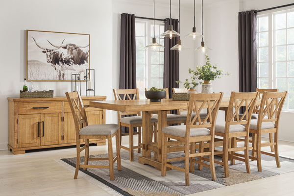 This dining package is a favorite for casual rustic interiors. Casual Rustic design. Made with Rubberwood solids, distressed Pine veneers and MDF substrates. Distressed light brown Pine finish. Counterheight extension table with two center leaves, can sit
