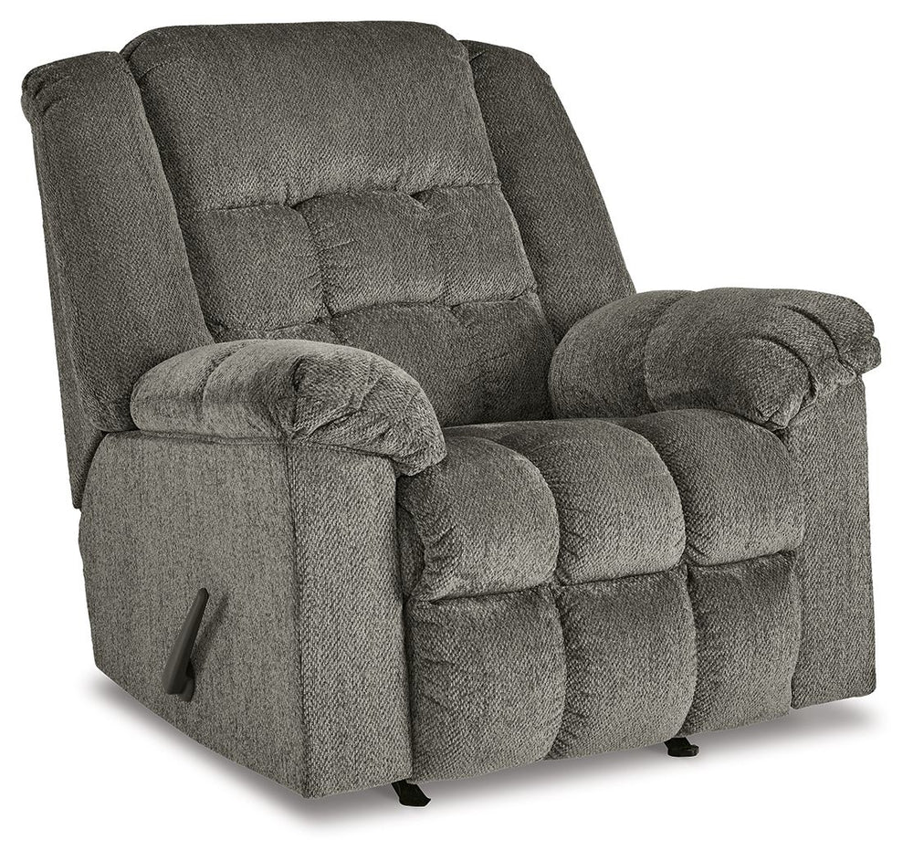Prioritize comfort while still making a versatile style statement. Complementing a variety of color schemes, this rocker recliner-'s supremely plush seating lines you up for hours of leisure. Its one-pull reclining motion places you in optimal TV watching