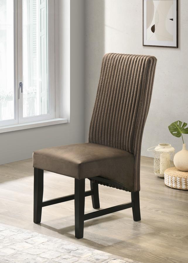Elevate your dining space with these sophisticated dining chairs, blending textures and luxurious fabrics for a modern, elegant look. The seat back features wide channel corduroy upholstery, adding rich texture and a stylish visual contrast. The seat itse
