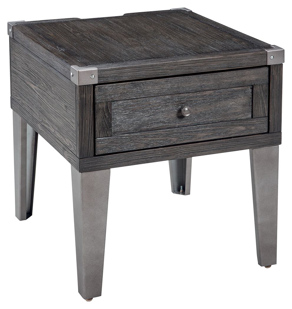 Take a stance for rustic-industrial style with this mixed material end table. Weather-washed pine wood and veneers are contrasted with canted metal legs and corner bracket accents for a uniquely chic merger of earthy beauty and contemporary flair. Power p