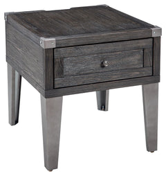 Take a stance for rustic-industrial style with this mixed material end table. Weather-washed pine wood and veneers are contrasted with canted metal legs and corner bracket accents for a uniquely chic merger of earthy beauty and contemporary flair. Power p