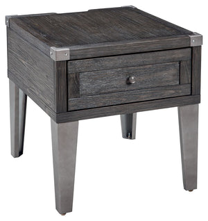 Take a stance for rustic-industrial style with this mixed material end table. Weather-washed pine wood and veneers are contrasted with canted metal legs and corner bracket accents for a uniquely chic merger of earthy beauty and contemporary flair. Power p