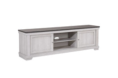 This entertainment console blends rustic charm with modern functionality, perfect for organizing your media setup in style. Its light, weathered wood finish and contrasting dark tabletop provide a striking balance of warmth and elegance. Sliding doors pro
