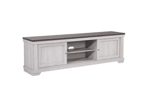 This entertainment console blends rustic charm with modern functionality, perfect for organizing your media setup in style. Its light, weathered wood finish and contrasting dark tabletop provide a striking balance of warmth and elegance. Sliding doors pro