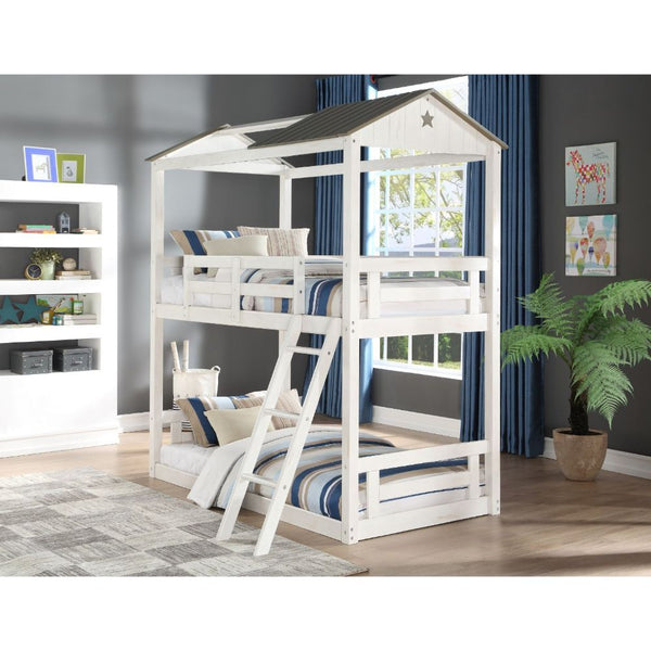 Give your children a space of their own with the Nadine cottage bunkbed. This unique wood twin over twin bunk bed features easy-access guardrails, a reversible front ladder and a decorative cottage themed roof over the top bunk. With a timeless weathered 