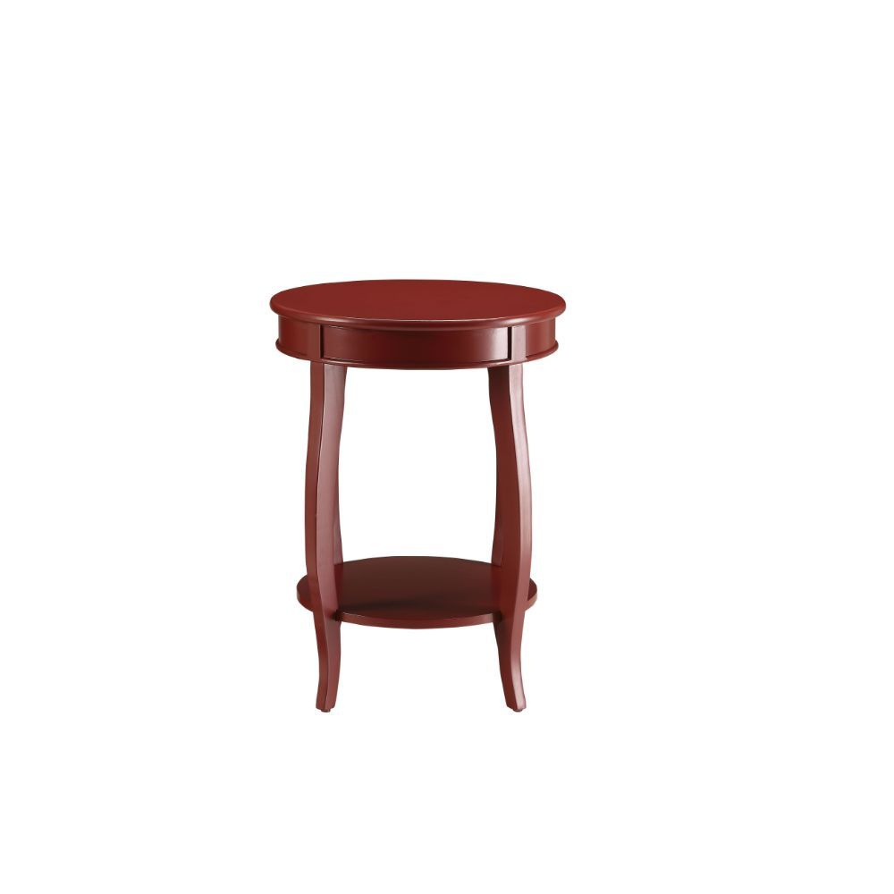 This Alberta side table will be your favorite accent piece with its round top form and stylized legs. Offered in four different colors: Antique White, walnut, red, and teal. One is sure to fit perfect with your style.<br/><br/><b>Product Features</b><ul><