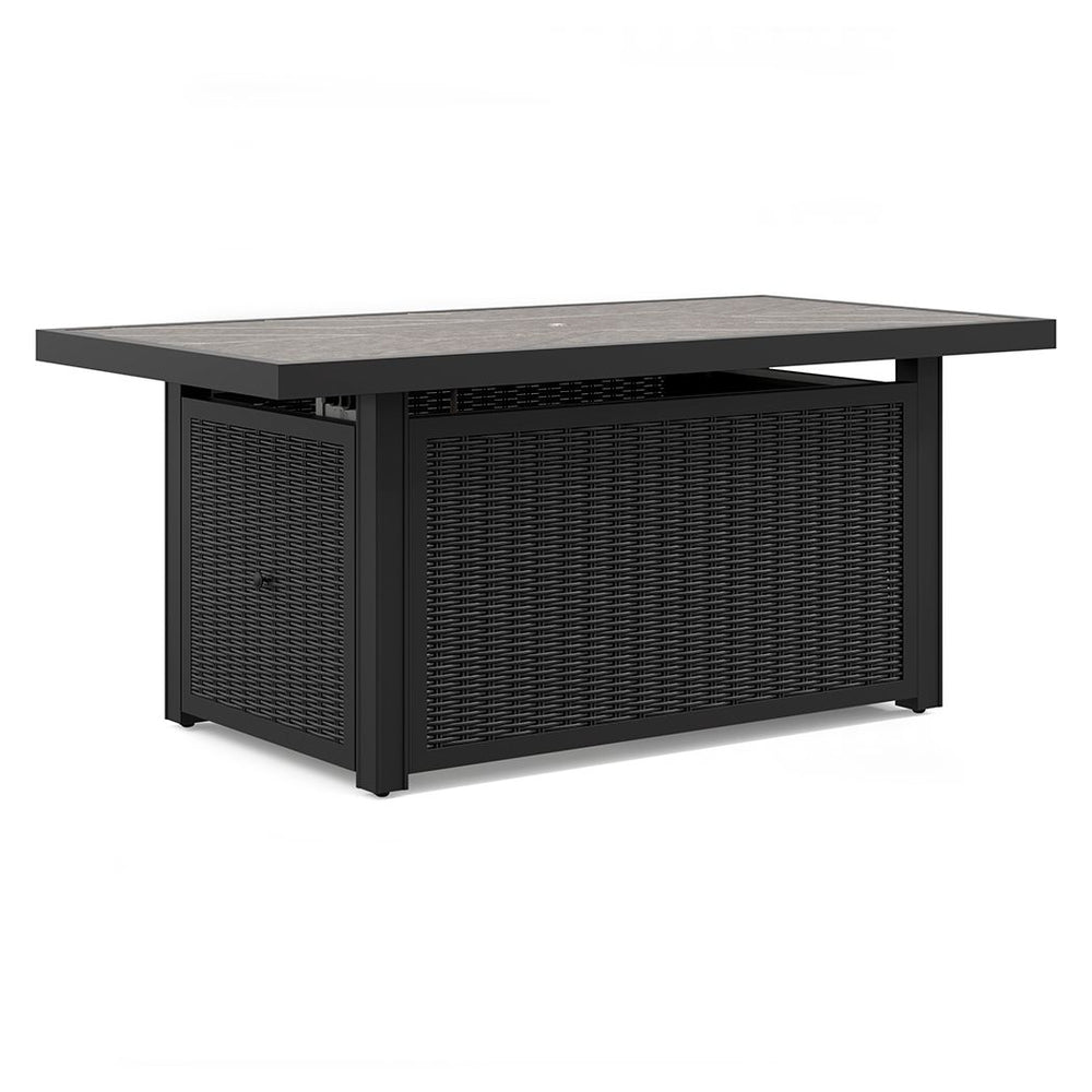 Sporting an easy-on-the-eyes elegance, this fire pit table elevates the art of alfresco living. Its handpainted top is paired with all-weather resin wicker over rust-proof aluminum for beauty and brawn. A stainless steel burner with glass beads adds a cap