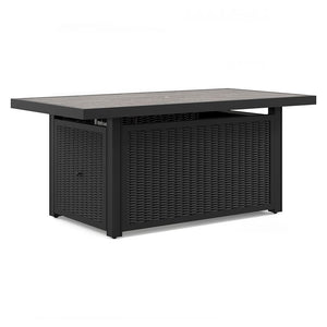 Sporting an easy-on-the-eyes elegance, this fire pit table elevates the art of alfresco living. Its handpainted top is paired with all-weather resin wicker over rust-proof aluminum for beauty and brawn. A stainless steel burner with glass beads adds a cap