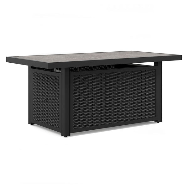 Sporting an easy-on-the-eyes elegance, this fire pit table elevates the art of alfresco living. Its handpainted top is paired with all-weather resin wicker over rust-proof aluminum for beauty and brawn. A stainless steel burner with glass beads adds a cap