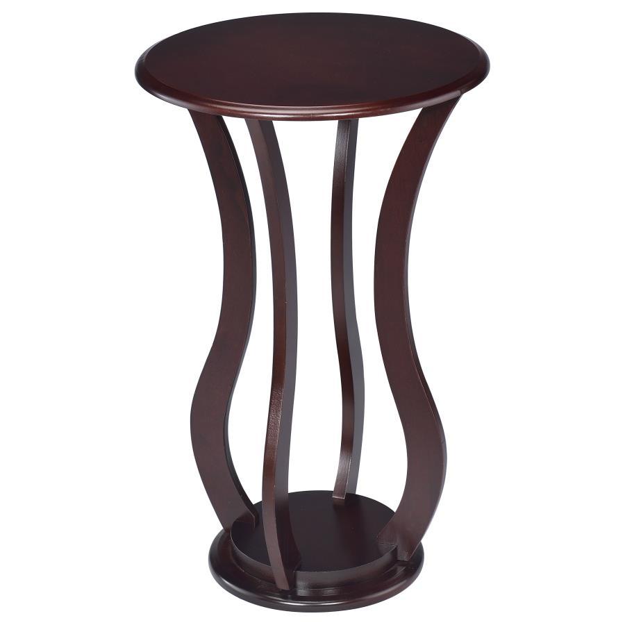 This side table or plant stand boasts an elegant design with smooth, graceful curves, blending hardwood and engineered wood for a sturdy yet stylish construction. The round top, crafted from basswood veneer, is finished in a rich cappuccino shade that bea