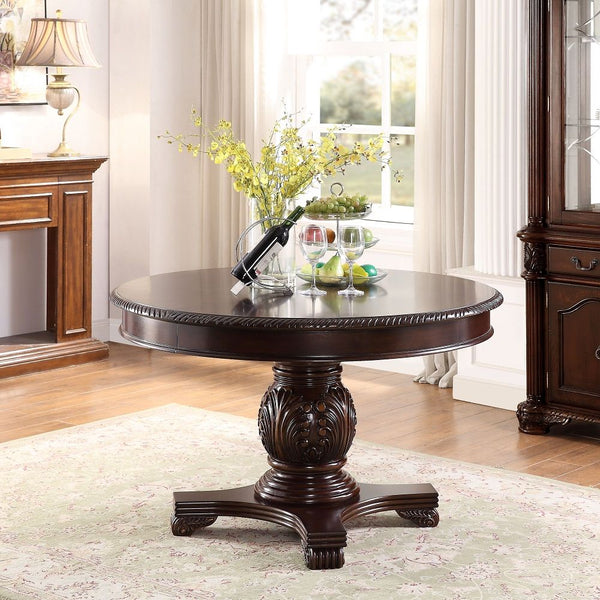 Single Pedestal Table Extension: Round Top Extends to an Oval Top with Removable Leaf (1 x 18-") Wooden Top with Grooved Trim Wooden Pedestal with Raised Floral Motifs Padded Seat & Back Wooden Queen Anne Leg Matching Hutch & Buffet with Light Function, B