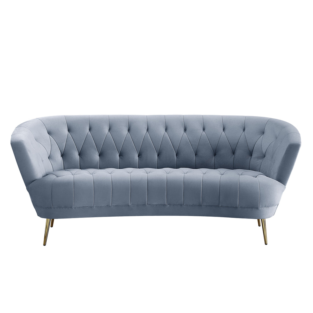 The Bayram living room collection is a perfect combination of contemporary and classic. With a modern curved silhouette and classic details such as diamond button tufting to create this glamourous set. The light gray velvet upholstery paired with the meta