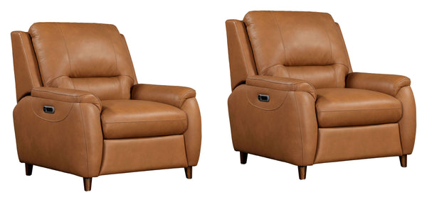 The Austin power reclining group is designed for ultimate comfort and convenience. It features independently operating power headrests and is upholstered in supple leather with a custom match. The modern high-leg design in a warm walnut finish gives it a 