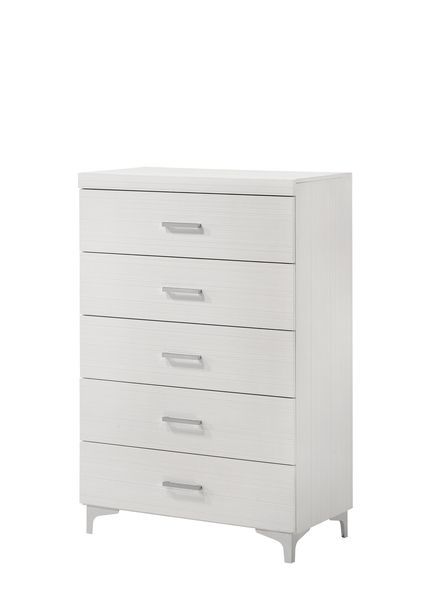 The Casilda bedroom collection will help you create the perfect retreat. In a white finish to easily style and works with various color schemes. Tying each piece together are the metal legs. The bed boasts a PU padded headboard with button tufting in a gr