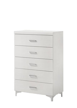 The Casilda bedroom collection will help you create the perfect retreat. In a white finish to easily style and works with various color schemes. Tying each piece together are the metal legs. The bed boasts a PU padded headboard with button tufting in a gr