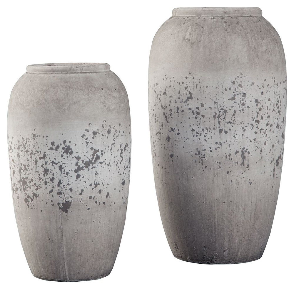 Is your home curated rather than simply decorated? Add another thoughtful piece into the mix with this 2-piece vase set. Brown and antique cream painted ceramic has a unique weatherworn finish. Add fresh florals for a vintage-inspired look.<br><br><b>Addi