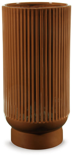 This ceramic vase makes a relaxed style statement. Its casual design and earthy burnt umber glaze complement your laid-back sensibilities. Delightfully simple and simply delightful, this vase subtly wows on its own or when filled with your favorite flower