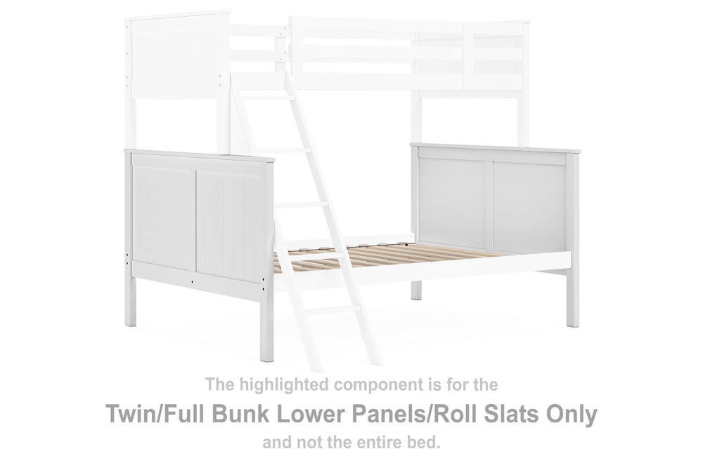This set of twin-over-full bunk bed lower panels and roll slats is made with solid hardwood and MDF substrate. Pairs with other items in the series to make a bed kit.<br/><br/><b>Product Features</b><ul><li>Compatible with other B396 items, sold separatel
