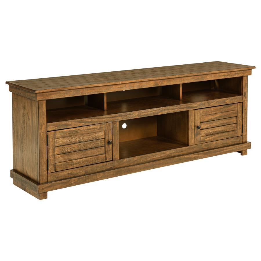 Introduce expansive storage underneath your flat panel television with this modern farmhouse TV stand. It-'s a wooden design with roughhewn details that offer charming texture and casual allure in your living room or den. Two cabinets offer decorative doo