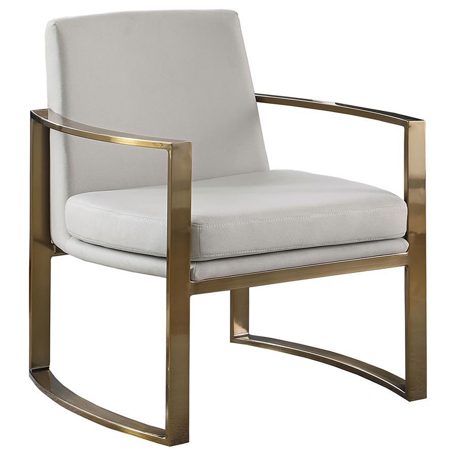 Strikingly modern and pleasing to the eye, this accent chair will perk up your living area. Concave armrests bring a supportive and comfortable seating experience. They boast a brushed bronze finish and add rich curvature to a classic silhouette. Padded c