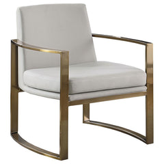 Strikingly modern and pleasing to the eye, this accent chair will perk up your living area. Concave armrests bring a supportive and comfortable seating experience. They boast a brushed bronze finish and add rich curvature to a classic silhouette. Padded c