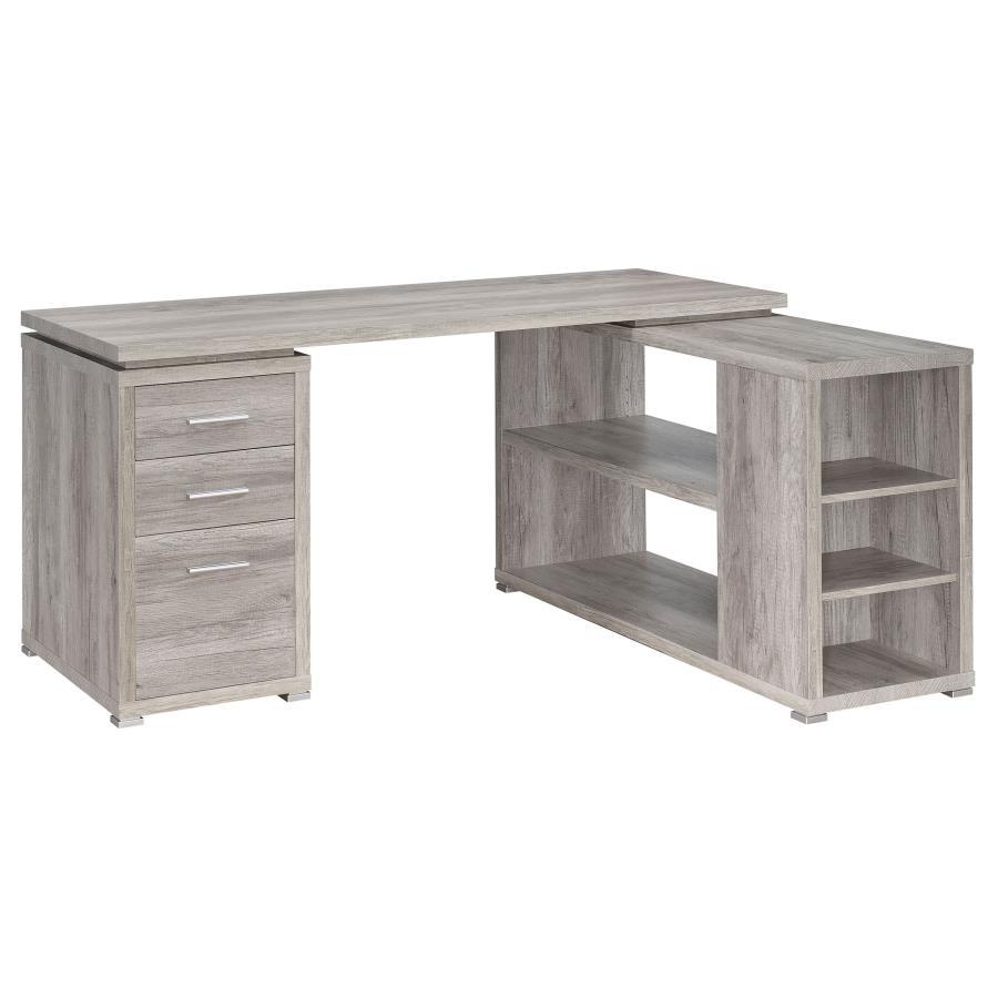 This alluring L-shaped office desk offers the stylish workspace needed to hit any deadline. It features open shelves and three drawers as well as a built-in filing cabinet. It-'s expertly crafted with particle board, MDF, and engineered veneer that-'s pro