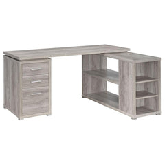 This alluring L-shaped office desk offers the stylish workspace needed to hit any deadline. It features open shelves and three drawers as well as a built-in filing cabinet. It-'s expertly crafted with particle board, MDF, and engineered veneer that-'s pro