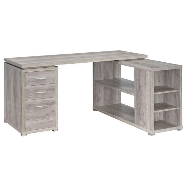 This alluring L-shaped office desk offers the stylish workspace needed to hit any deadline. It features open shelves and three drawers as well as a built-in filing cabinet. It-'s expertly crafted with particle board, MDF, and engineered veneer that-'s pro