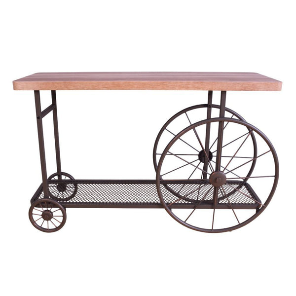  it confirms you are hip by having this fun table in your living room. This table features a butcher block top and metal mesh lower shelf supported by wheels in the form of