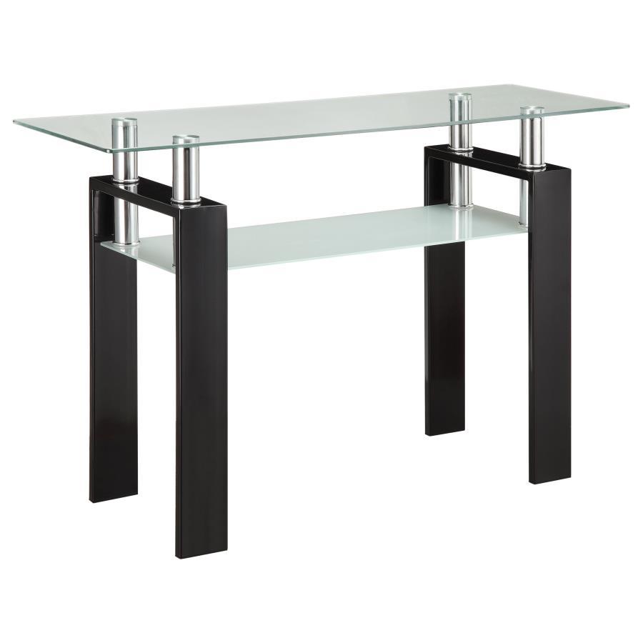 This rectangular sofa table features a clear tempered glass top and a frosted tempered glass shelf for additional storage or display. Supported by a durable metal frame, the console table boasts a modern and sleek design that fits seamlessly into contempo