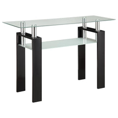 This rectangular sofa table features a clear tempered glass top and a frosted tempered glass shelf for additional storage or display. Supported by a durable metal frame, the console table boasts a modern and sleek design that fits seamlessly into contempo