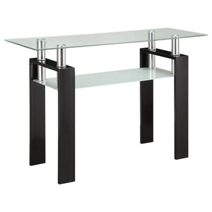 This rectangular sofa table features a clear tempered glass top and a frosted tempered glass shelf for additional storage or display. Supported by a durable metal frame, the console table boasts a modern and sleek design that fits seamlessly into contempo