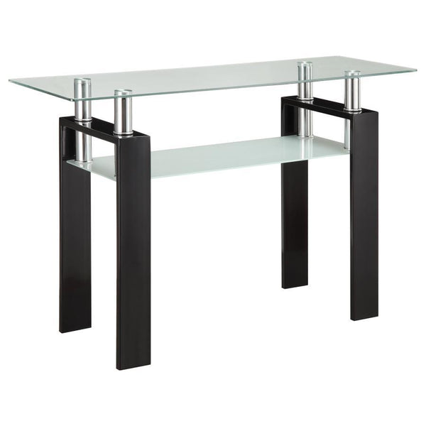 This rectangular sofa table features a clear tempered glass top and a frosted tempered glass shelf for additional storage or display. Supported by a durable metal frame, the console table boasts a modern and sleek design that fits seamlessly into contempo