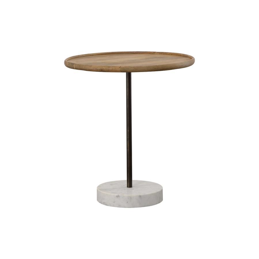 A marvelous mango wood accent table provides a mix of materials for visual interest as the round wood tabletop in a natural finish provides a spot for displaying decor. A durable metal frame keeps the tabletop and base securely in place. A striking and co