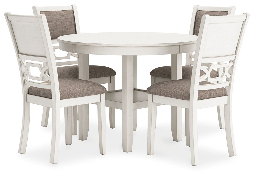 Come together for a delightful dining experience. Chic and relaxed, this dining table and chair set effortlessly captivates with its elegant simplicity. The timeless design pairs a crisp white hue with gray textured upholstery. It-'s a fresh addition ever