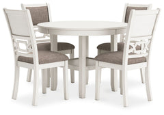 Come together for a delightful dining experience. Chic and relaxed, this dining table and chair set effortlessly captivates with its elegant simplicity. The timeless design pairs a crisp white hue with gray textured upholstery. It-'s a fresh addition ever
