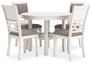 Come together for a delightful dining experience. Chic and relaxed, this dining table and chair set effortlessly captivates with its elegant simplicity. The timeless design pairs a crisp white hue with gray textured upholstery. It-'s a fresh addition ever