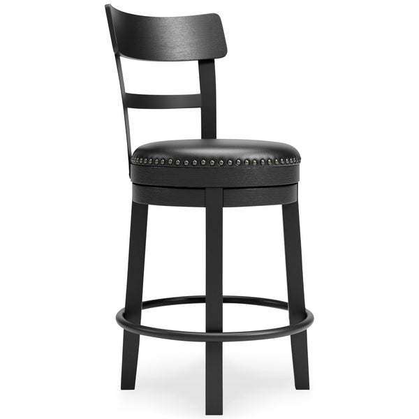  table or counter with this upholstered swivel bar stool. The sturdy wood frame with contoured backrest is beautified with an antiqued black finish thatâ€™s a welcome change from the everyday ordinary. For your co