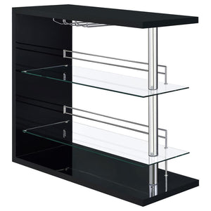 If you love to entertain, you-'ll love the charm and convenience of this fabulous, contemporary bar unit. With a sleek, stylish design, it looks elegant in a dining area or recreation room. Complete with a gorgeous gloss black finish and shining chrome ac