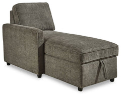 This left-arm facing corner chaise with storage is made with polyester upholstery. Pairs with other items in the series to make a sectional.<br><br><b>Additional Dimensions</b><br><ul><li>Seat width: 26-"</li><li>Seat depth: 50-"</li><li>Seat height: 19.5