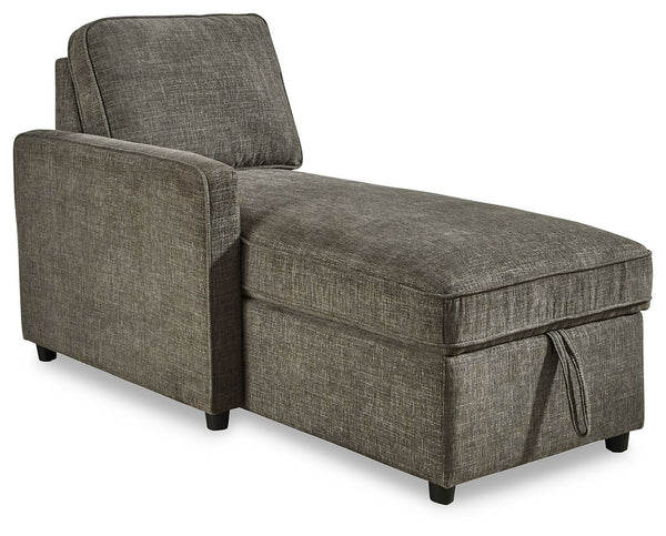 This left-arm facing corner chaise with storage is made with polyester upholstery. Pairs with other items in the series to make a sectional.<br><br><b>Additional Dimensions</b><br><ul><li>Seat width: 26-"</li><li>Seat depth: 50-"</li><li>Seat height: 19.5