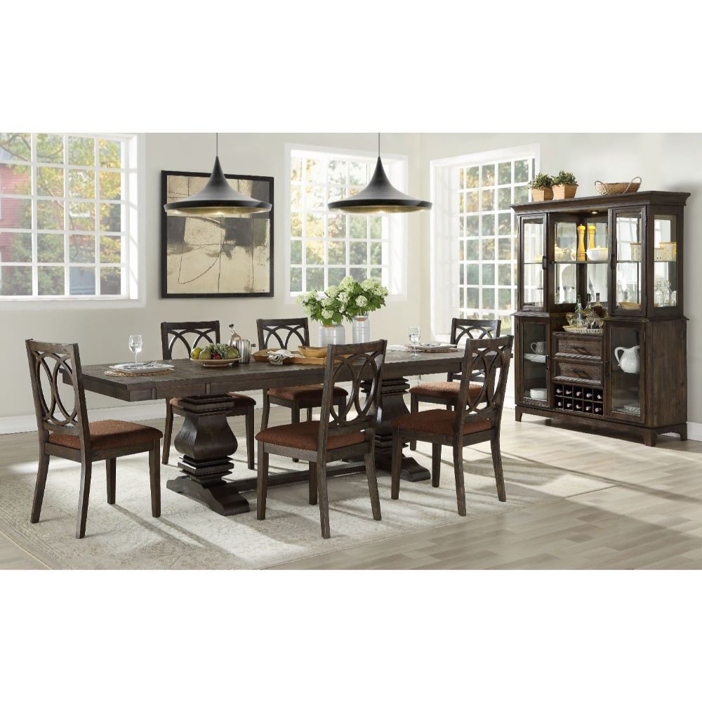 Update your space with the stylish Jameson dining room collection. This formal group combines the look of rich espresso with the understated styling of traditional design. Brown undertones play to the look of the rectangular dining table with removable le