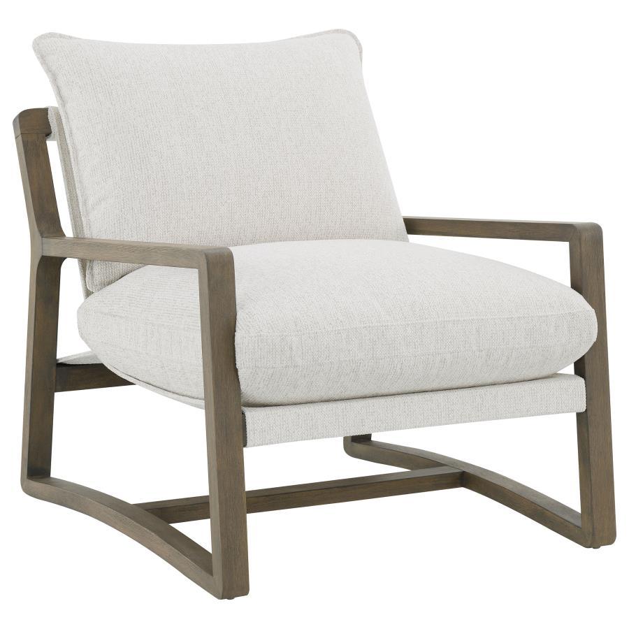 Elevate your seating arrangement with this modern accent chair, crafted to complement the comfort and style of contemporary interiors. Upholstered in soft, sand-toned bouclÃ© fabric, it sits atop a solid wood frame finished in ash brown, delivering stabil