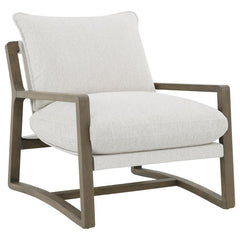 Elevate your seating arrangement with this modern accent chair, crafted to complement the comfort and style of contemporary interiors. Upholstered in soft, sand-toned bouclÃ© fabric, it sits atop a solid wood frame finished in ash brown, delivering stabil