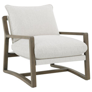 Elevate your seating arrangement with this modern accent chair, crafted to complement the comfort and style of contemporary interiors. Upholstered in soft, sand-toned bouclÃ© fabric, it sits atop a solid wood frame finished in ash brown, delivering stabil