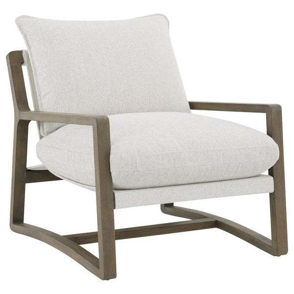 Elevate your seating arrangement with this modern accent chair, crafted to complement the comfort and style of contemporary interiors. Upholstered in soft, sand-toned bouclÃ© fabric, it sits atop a solid wood frame finished in ash brown, delivering stabil