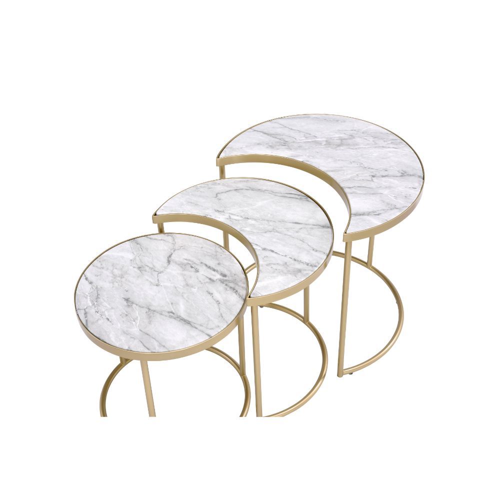 Nesting Tables (3Pc Set) â€¢ NO Storage â€¢ Half-Moon & Round Shape â€¢ Faux Marble Top â€¢ Metal Open Frame: Gold Finish<br/><br/><b>Product Features</b><ul><li>Nesting Tables (3Pc Set)</li><li>NO Storage</li><li>Half-Moon & Round Shape</li><li>Faux Marb