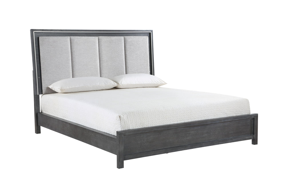 Elevate your bedroom with the timeless elegance of the Odessa Bed. Crafted from Pine solid wood and Mindy veneers, this bed exudes strength and durability, promising long-lasting comfort. The rich charcoal gray finish, meticulously applied through a multi