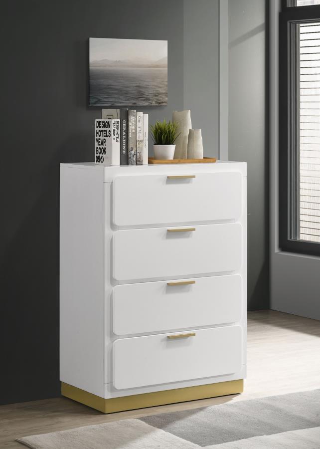Modern luxury with a minimalist look offers a perfect fit for updated bedrooms as the four-drawer chest enhances a sleek master suite or guest bedroom. Wood and wood products construct a dresser with clean lines and a stylish Mid-Century Modern vibe. This