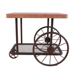  it confirms you are hip by having this fun table in your living room. This table features a butcher block top and metal mesh lower shelf supported by wheels in the form of